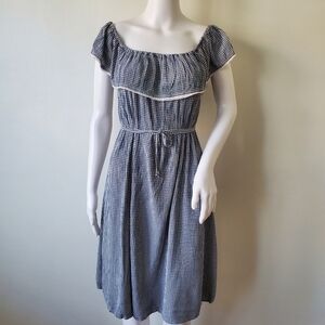 Christy Dawn Blue Gingham Plaid Ruffle Off the Shoulder Dress Size M/L